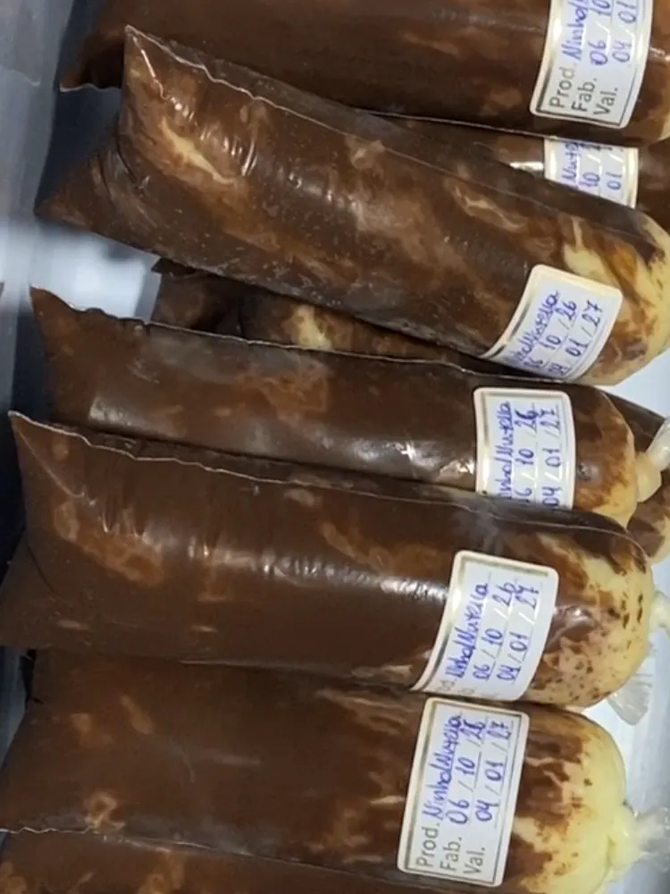 Lote de geladinhos de Ninho com Nutella etiquetados, lado a lado no freezer